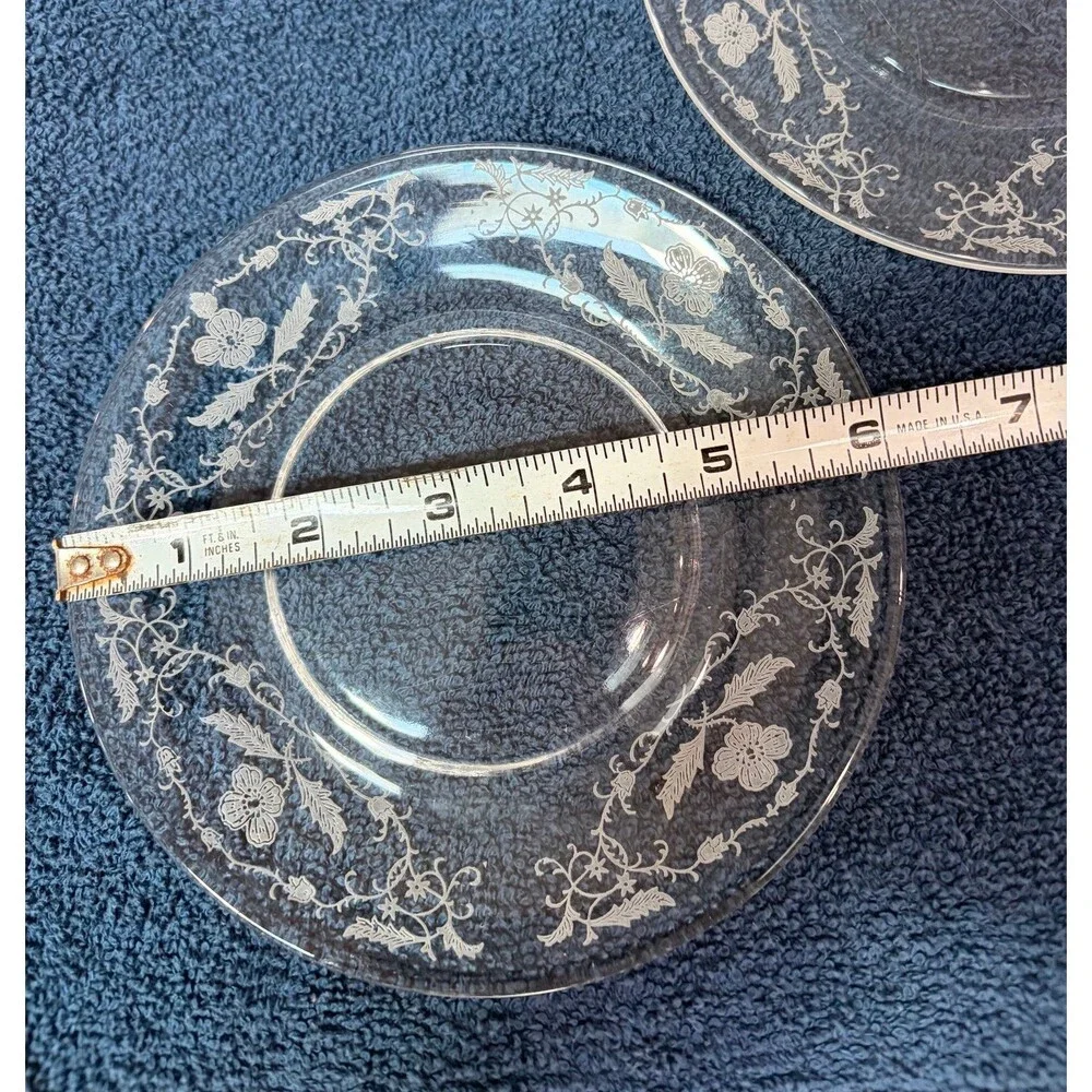 Set of 5 Vintage Clear Glass Etched Floral Salad / Dessert Plates (7-Inch)
